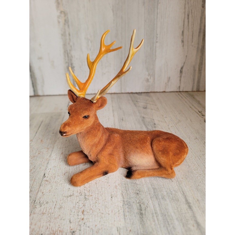 Vintage flocked reindeer laying buck Xmas unique fawn antler home decor